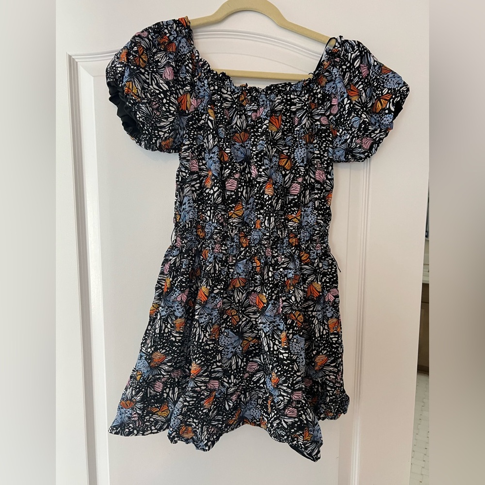 Aqua x Mary Katrantzou Black Off-Shoulder Butterfly Print Dress